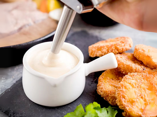 Cremiger Dip aus dem iSi Gourmet Whip, serviert zu knusprigen Nuggets – ideal für Fingerfood und Snackgerichte.